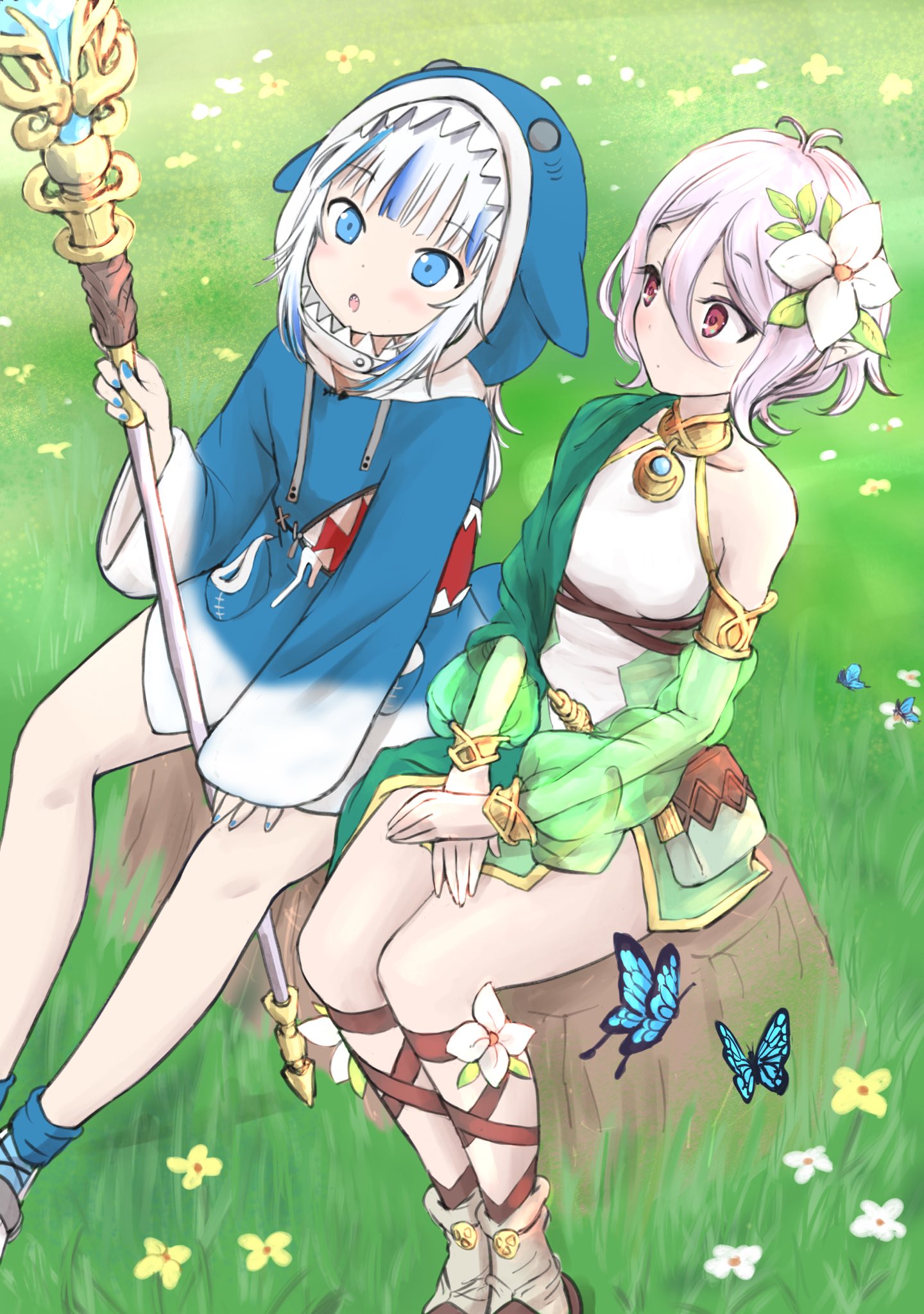 2girls :d animal animal_costume animal_hood antenna_hair bangs blue_eyes blue_hair blue_hoodie blue_nails blunt_bangs breasts bridal_gauntlets bug butterfly commentary crossover detached_sleeves dress elf english_commentary eyebrows_visible_through_hair fish_tail flower gawr_gura gem grass green_sleeves hair_between_eyes hair_flower hair_ornament highres hololive hololive_english hood hood_up hoodie insect kajino_(aosansai) kokkoro_(princess_connect!) long_hair long_sleeves looking_at_another looking_to_the_side looking_up multicolored_hair multiple_girls nail_polish open_mouth outdoors pointy_ears princess_connect! princess_connect!_re:dive puffy_long_sleeves puffy_sleeves red_eyes see-through see-through_sleeves shark_costume shark_girl shark_hood shark_print shark_tail sharp_teeth shoes short_hair silver_hair single_bare_shoulder sitting sleeveless sleeveless_dress sleeves_past_wrists smile sneakers streaked_hair tail teeth tree_stump virtual_youtuber white_dress white_flower white_footwear wide_sleeves yellow_flower