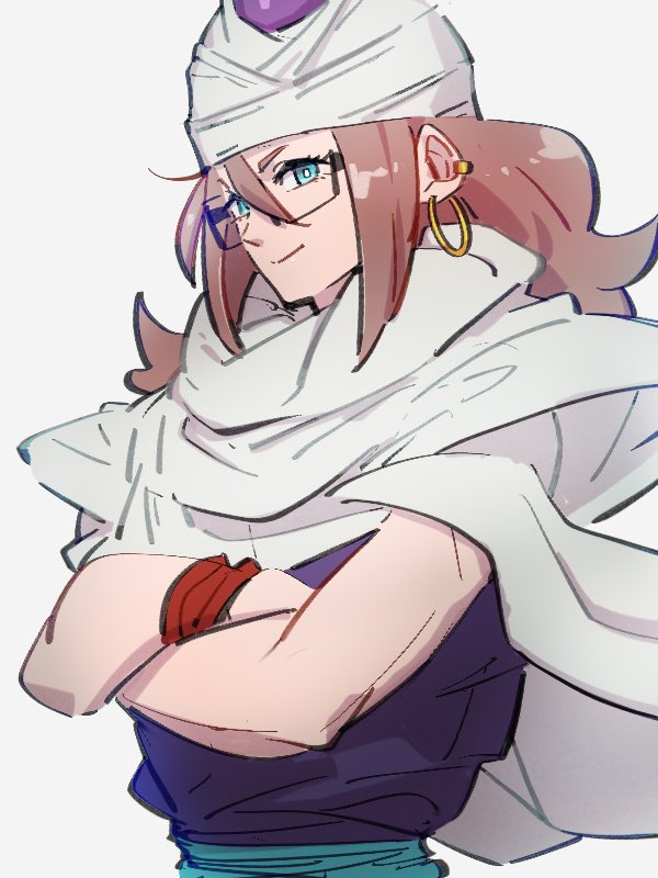 1girl android_21 blue_eyes cape closed_mouth cosplay crossed_arms dragon_ball dragon_ball_fighterz earrings glasses grey_background hoop_earrings jewelry kemachiku long_hair looking_at_viewer piccolo piccolo_(cosplay) redhead simple_background smile solo turban white_cape