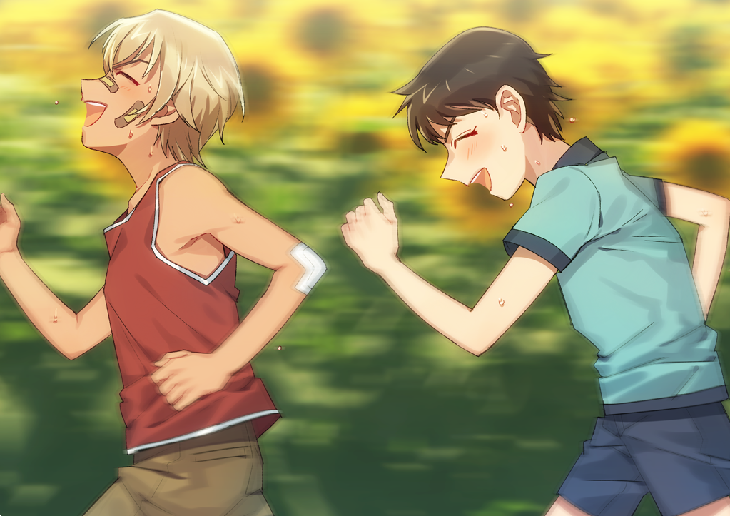 2boys :d ^_^ amuro_tooru bandaid bandaid_on_cheek bandaid_on_nose bangs blonde_hair blue_shirt blue_shorts blurry blurry_background blush brown_hair brown_shorts child closed_eyes commentary_request flower from_side happy k_gear_labo male_focus meitantei_conan motion_blur multiple_boys open_mouth outdoors red_shirt running scotch_(meitantei_conan) shirt short_hair short_sleeves shorts sleeveless sleeveless_shirt smile sweater upper_teeth yellow_flower younger