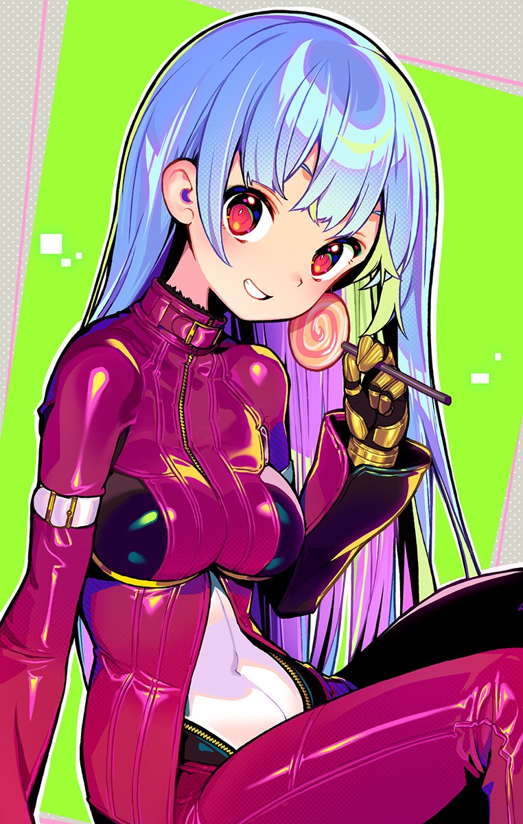 1girl aqua_hair bangs blush bodysuit breasts candy covered_navel food gloves green_background highres holding holding_candy holding_food knees_up kula_diamond lollipop long_hair long_sleeves looking_at_viewer medium_breasts multicolored multicolored_bodysuit multicolored_clothes parted_lips purple_bodysuit red_eyes shadow shiny shunin solo swirl_lollipop the_king_of_fighters