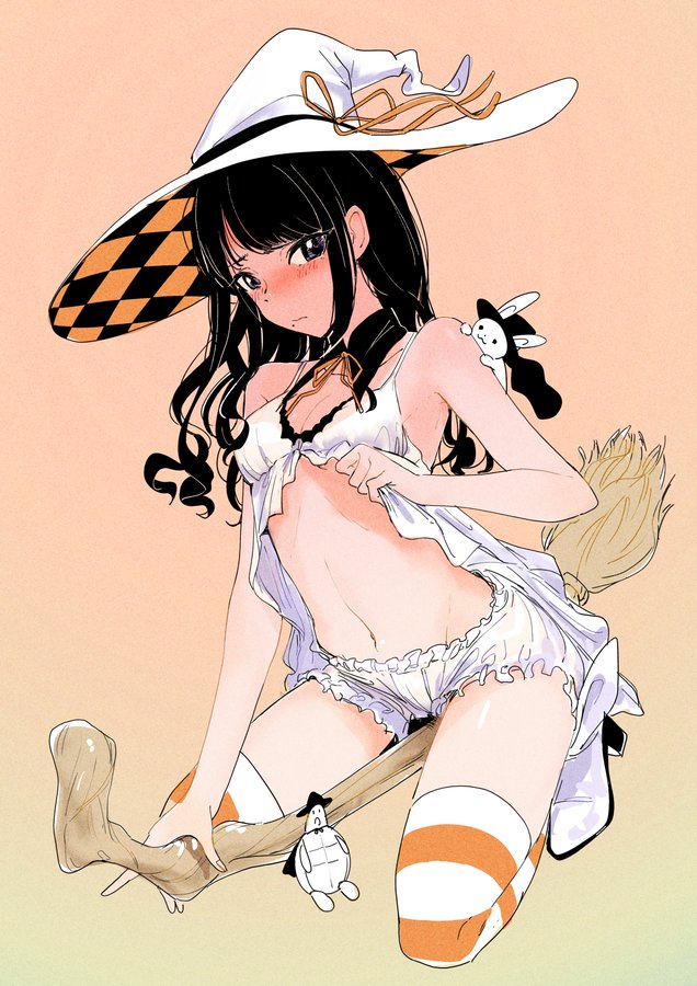 alternate_costume artist_request black_hair bloomers broom broom_riding checkered checkered_headwear doll dress dress_lift hat hat_ribbon idolmaster idolmaster_shiny_colors kazano_hiori long_hair midriff navel neck_ribbon orange_legwear rabbit ribbon striped striped_legwear thigh-highs tortoise turtle underwear white_bloomers white_dress white_headwear witch witch_hat