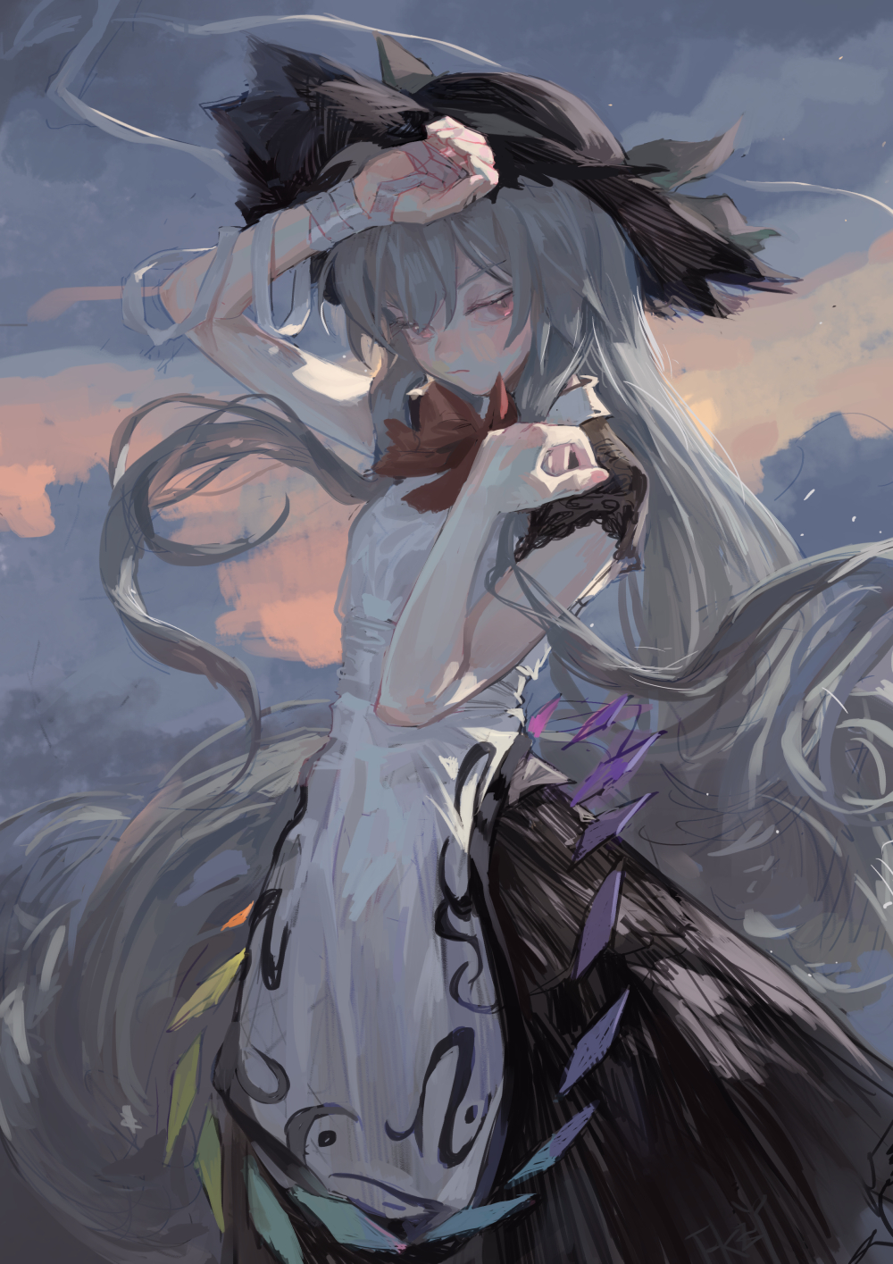 1girl absurdly_long_hair arm_up arm_wrap bangs black_headwear black_skirt blue_hair bow bowtie breasts closed_mouth dress eyebrows_behind_hair feet_out_of_frame fkey hair_between_eyes hand_on_forehead hand_up hat highres hinanawi_tenshi long_hair looking_to_the_side outdoors pink_eyes rainbow_order red_bow red_neckwear short_sleeves skirt sky small_breasts solo standing touhou twilight very_long_hair white_dress