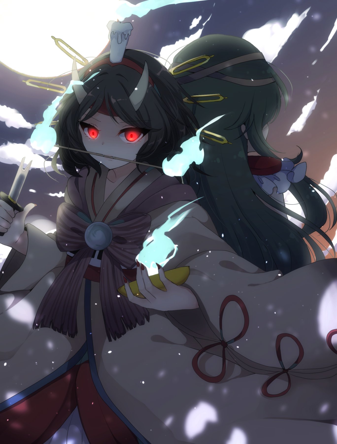 2others androgynous back-to-back black_hair candle cousins fangs fire flame ghost ghost_tail green_hair hairband highres horns japanese_clothes kimono knife lamp len'en long_hair mouth_hold multiple_others ougi_hina red_eyes short_hair taira_no_chouki taira_no_fumikado very_long_hair