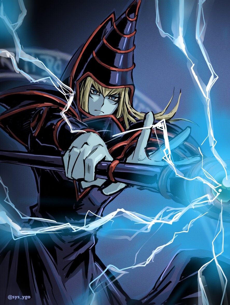 1boy bangs black_robe blonde_hair closed_mouth commentary_request dark_magician duel_monster electricity facial_mark hair_between_eyes hat holding holding_staff long_hair robe sketch solo soya_(sys_ygo) spread_fingers staff wizard_hat yu-gi-oh!