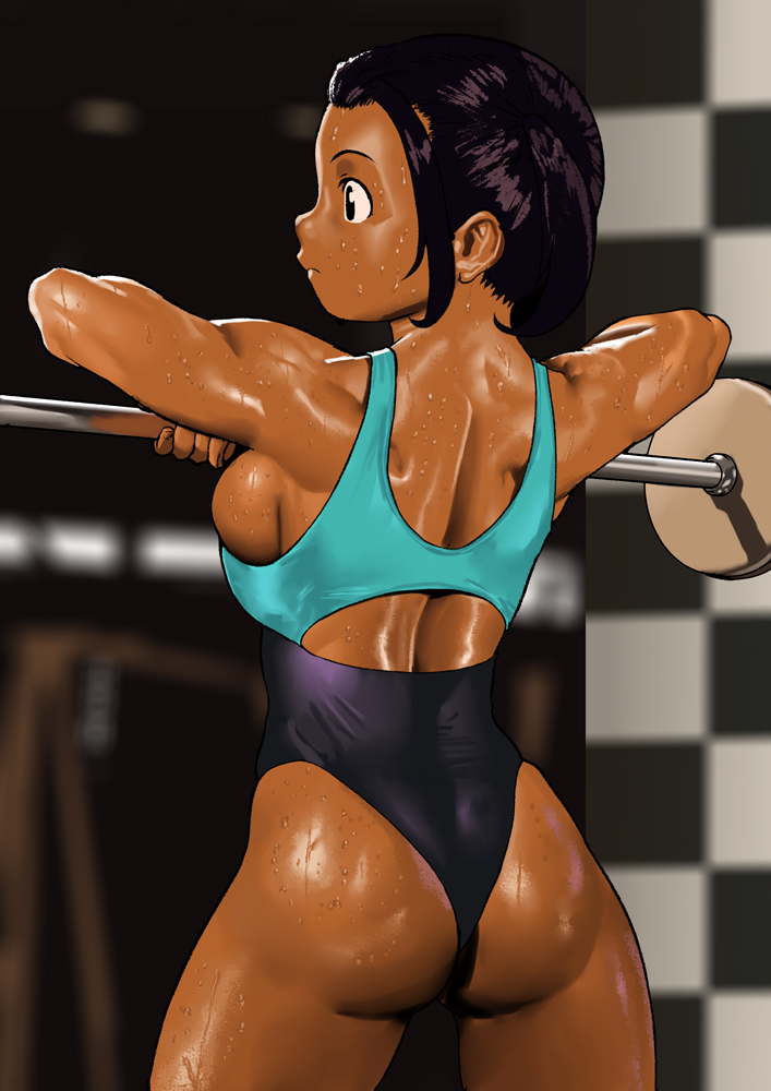 1girl arung_samudra_(cessa) ass barbell black_hair breasts cessa cowboy_shot dark_skin dark-skinned_female english_commentary from_behind leotard muscular muscular_female ombok_diving_and_delivery_services profile sideboob solo weightlifting