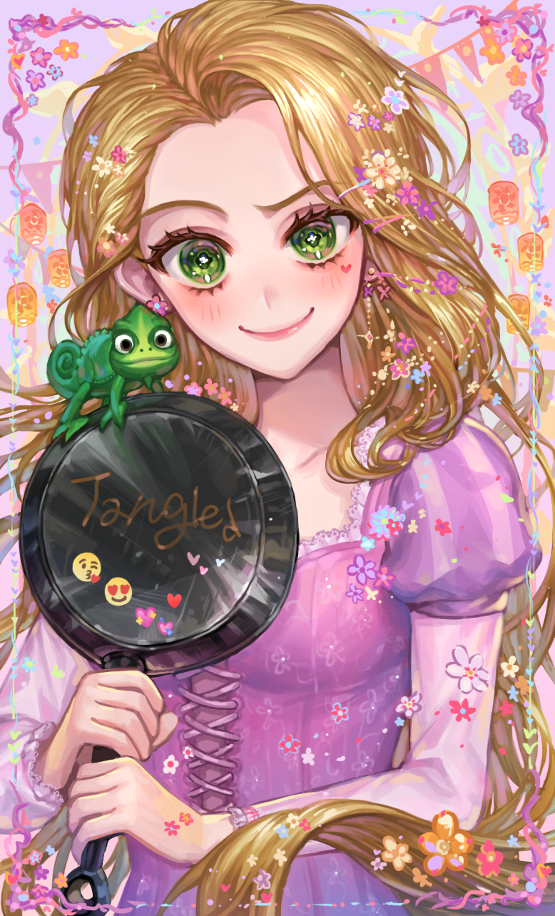 1girl animal aqua_flower blonde_hair breasts chameleon closed_mouth collarbone colorful copyright_name cross-laced_clothes dress earrings emoji eyelashes facepaint floating_hair floral_print flower flower_earrings frying_pan green_eyes heart highres holding holding_frying_pan jewelry juliet_sleeves lace-trimmed_dress lace_trim lantern light_blush long_hair long_sleeves looking_at_viewer micha multicolored multicolored_background orange_flower paper_lantern pascal_(tangled) puffy_sleeves purple_background purple_dress purple_flower rapunzel_(disney) red_flower shiny shiny_hair simple_background small_breasts smile solo sparkling_eyes striped striped_sleeves tangled tareme very_long_hair white_flower