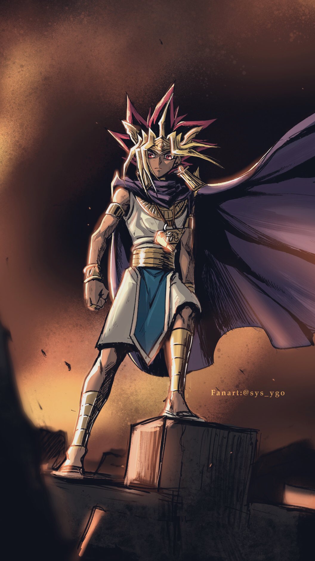 1boy artist_name atem blonde_hair bracer clenched_hand cloak closed_mouth commentary_request dark_skin dark_skinned_male earrings from_below highres jewelry knees leg_armor male_focus millennium_puzzle multicolored_hair necklace outdoors purple_cloak red_eyes sandals solo soya_(sys_ygo) standing watermark yu-gi-oh! yu-gi-oh!_duel_monsters