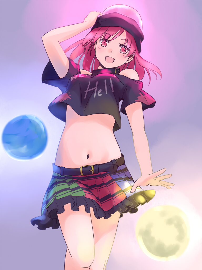 1girl bare_shoulders belt black_shirt breasts clothes_writing collar hat hecatia_lapislazuli long_hair looking_at_viewer medium_breasts miniskirt multicolored multicolored_clothes multicolored_skirt navel off-shoulder_shirt off_shoulder open_mouth polos_crown rangycrow red_eyes redhead shirt short_sleeves skirt smile solo stomach t-shirt touhou white_background