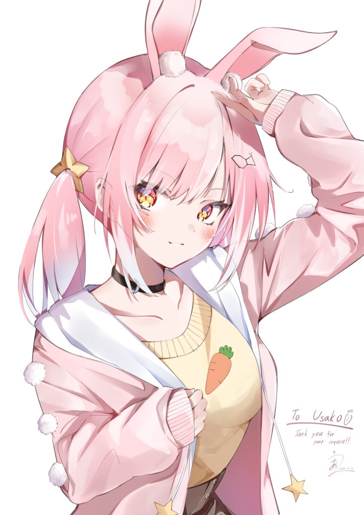 1girl animal_ear_fluff animal_ears auui black_choker black_skirt blush breasts brown_eyes character_name choker commission english_commentary hoshika_usako indie_virtual_youtuber looking_to_the_side medium_breasts pink_hair pink_sweater rabbit_ears rabbit_girl second-party_source shirt shirt_tucked_in skeb_commission skirt solo sweater virtual_youtuber white_background yellow_shirt