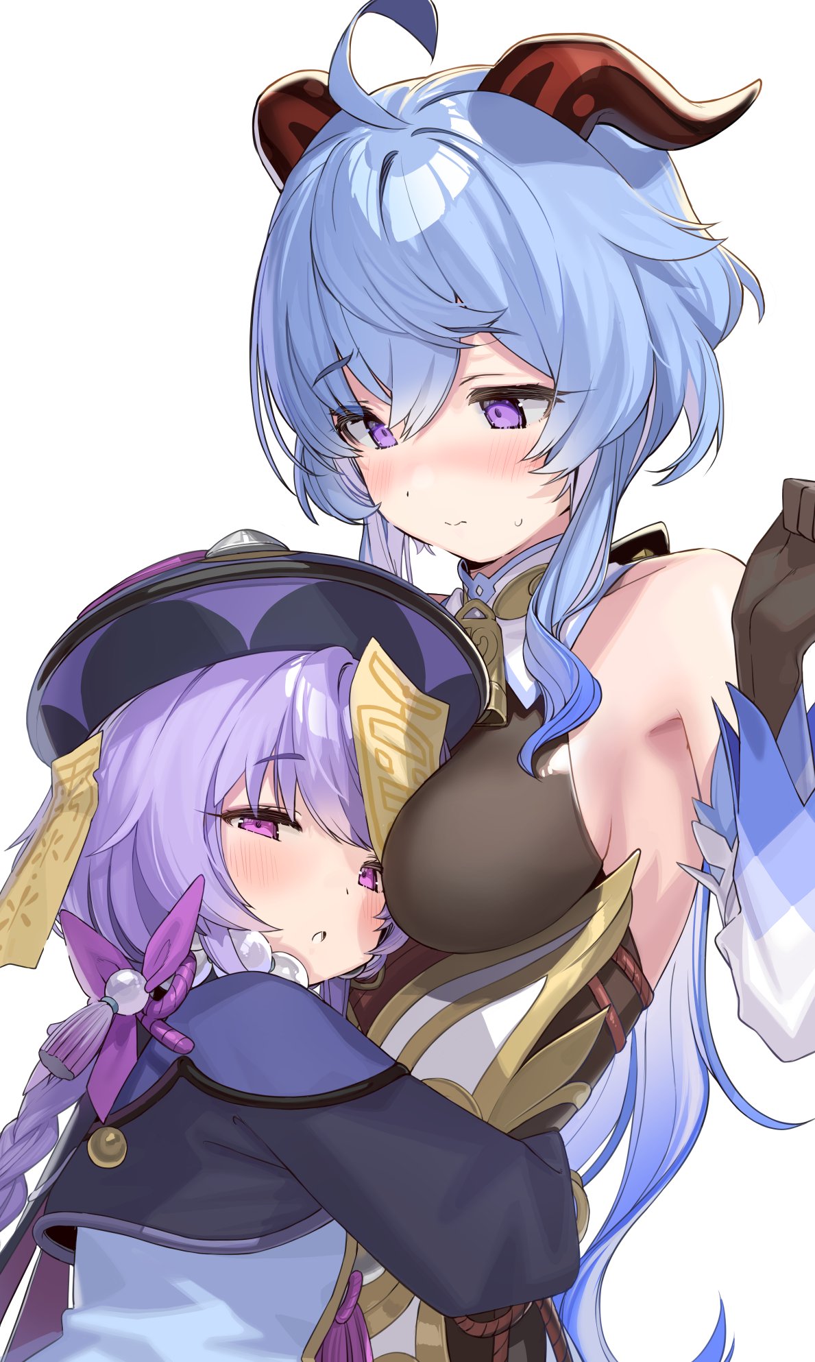 2girls ahoge bangs bell blue_hair blush braid breasts commentary cowbell ganyu_(genshin_impact) genshin_impact goat_horns hat highres horns hug jiangshi kanzarin_(hoochikiss) large_breasts long_hair long_sleeves looking_at_viewer multiple_girls open_mouth purple_hair purple_headwear qing_guanmao qiqi simple_background small_breasts talisman violet_eyes white_background