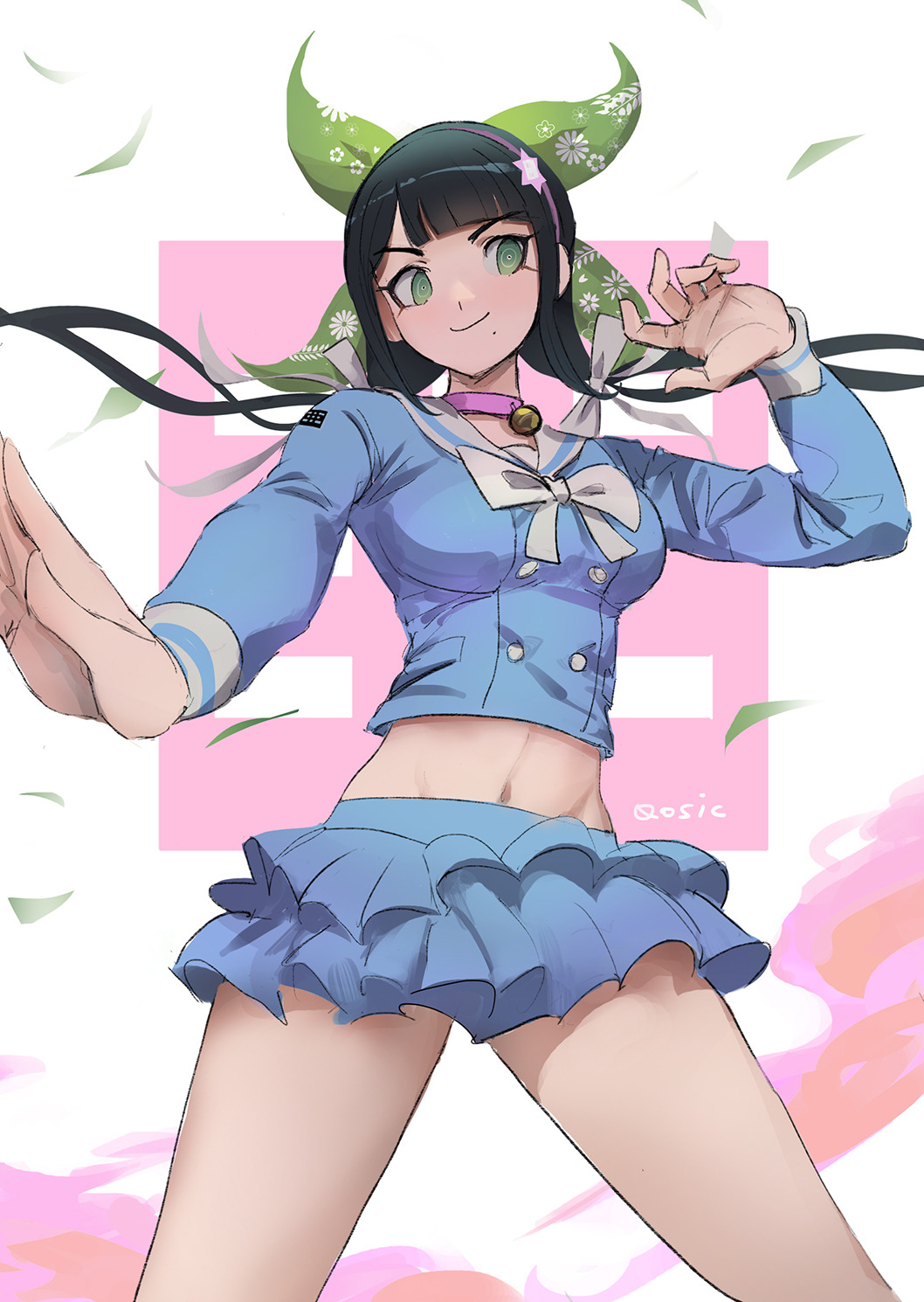 1girl bangs bell black_hair blunt_bangs chabashira_tenko collar collarbone commentary cowboy_shot dangan_ronpa_(series) dangan_ronpa_v3:_killing_harmony double-breasted green_eyes hair_ornament hair_ribbon hairband hand_up highres long_hair long_sleeves looking_at_viewer midriff miniskirt mole mole_under_mouth navel pink_background pink_collar pleated_skirt qosic ribbon school_uniform serafuku skirt smile solo star_(symbol) star_hair_ornament stomach white_background