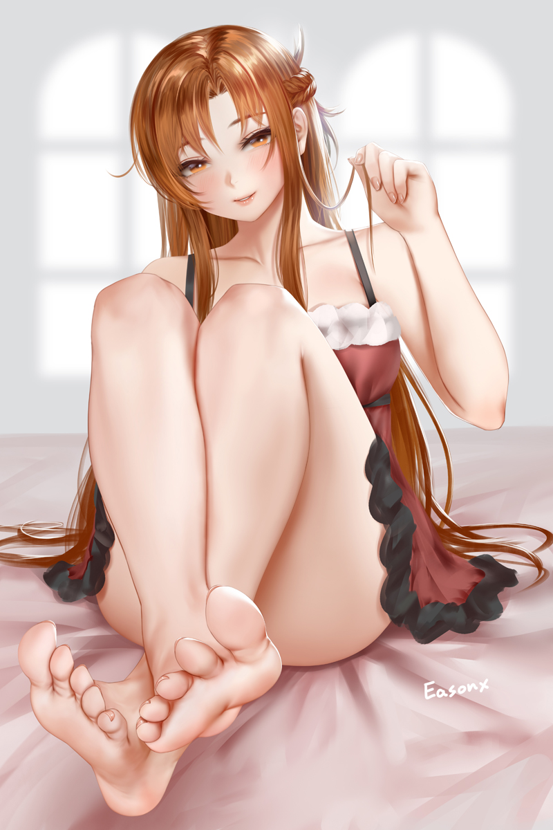 1girl alternate_costume artist_name asuna_(sao) bangs bare_shoulders barefoot blush braid brown_eyes brown_hair collarbone commentary_request dress easonx feet frills hand_up highres holding holding_hair long_hair looking_at_viewer on_bed parted_lips red_dress sitting smile soles solo strap_slip sword_art_online toes