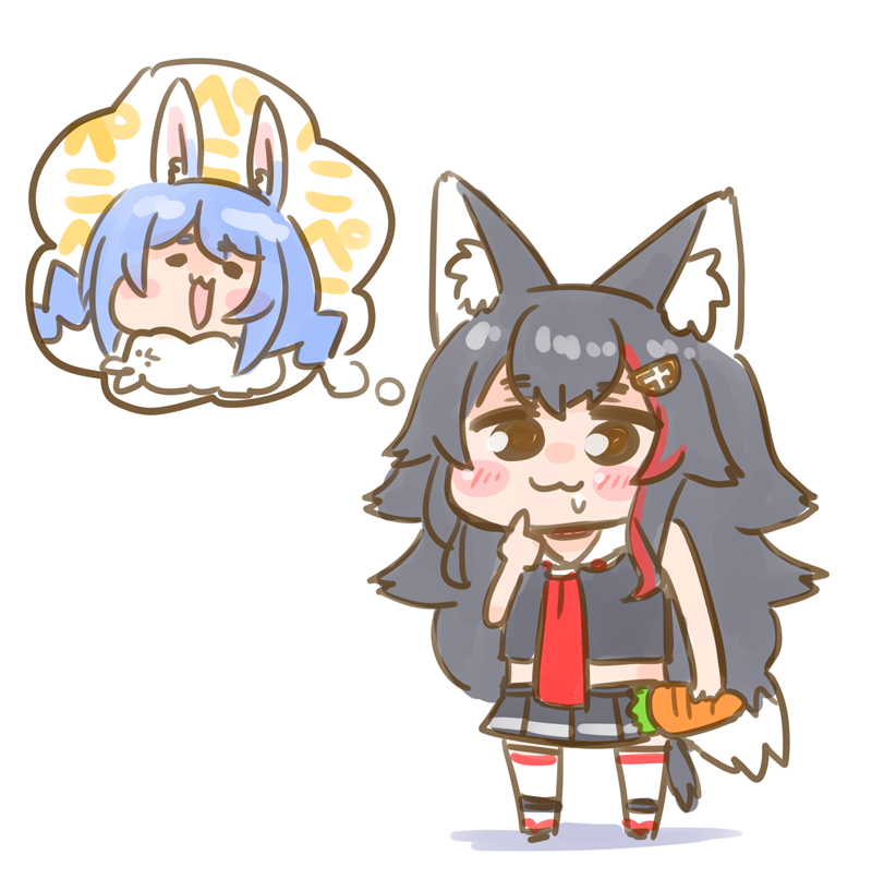 1girl :3 animal_ear_fluff animal_ears arm_at_side bangs black_hair black_skirt blue_hair blush blush_stickers brown_eyes chibi commentary_request don-chan_(usada_pekora) drooling eyebrows_visible_through_hair finger_to_own_chin full_body hair_ornament hairclip holding hololive long_hair miniskirt multicolored_hair nekoyama ookami_mio open_mouth pleated_skirt rabbit_ears red_neckwear redhead saliva sidelocks simple_background skirt smile solo standing streaked_hair striped tail thigh-highs thinking thought_bubble two-tone_hair usada_pekora very_long_hair virtual_youtuber white_background white_legwear wolf_ears wolf_girl wolf_tail zettai_ryouiki