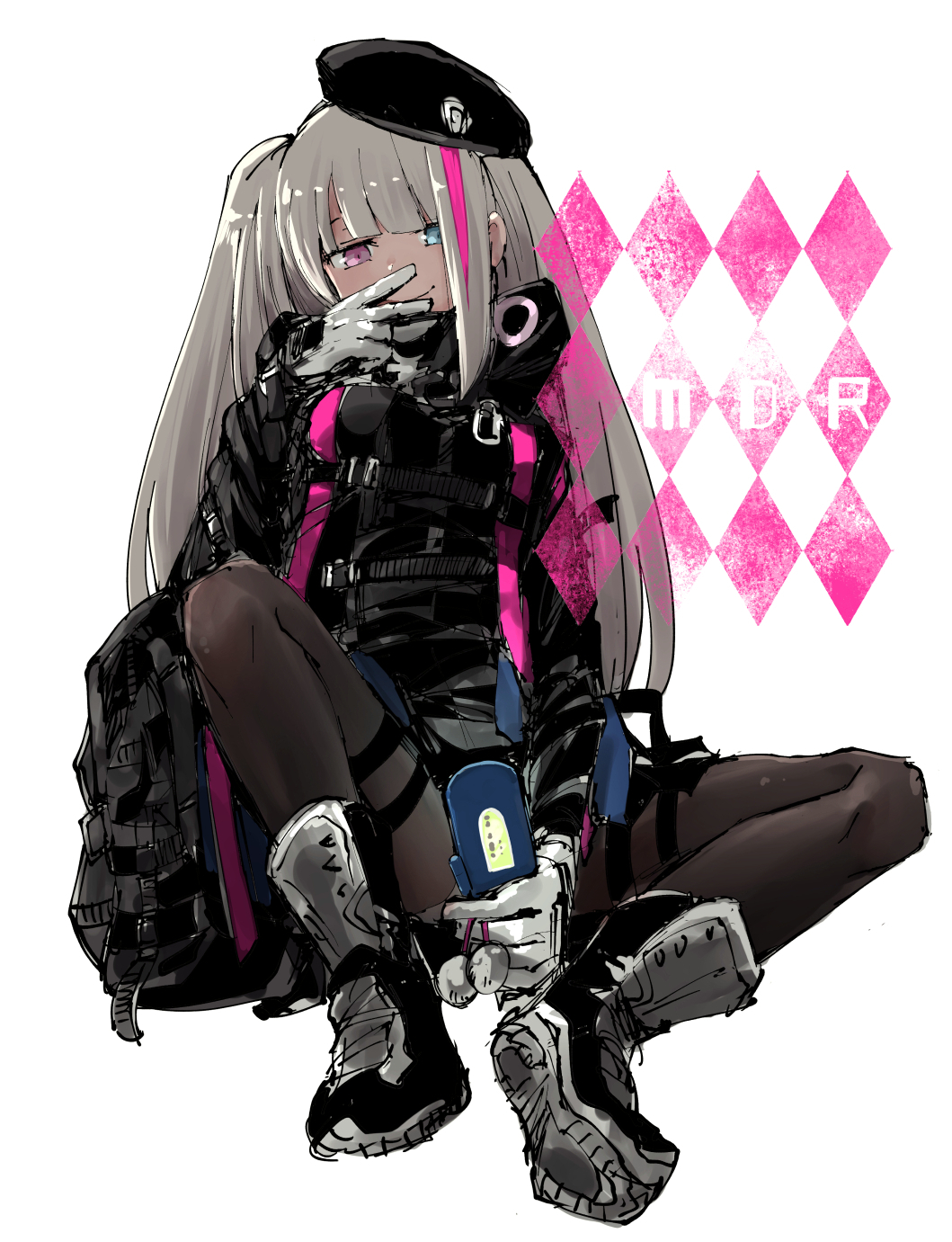 1girl backpack bag bangs beret blue_eyes cellphone commentary_request covering_mouth flip_phone girls_frontline gloves hat heterochromia highres jacket long_hair looking_at_viewer mdr_(girls_frontline) mishima_hiroji multicolored_hair one_side_up pantyhose phone pink_eyes pink_hair shoes silver_hair sitting smile sneakers solo streaked_hair v white_background