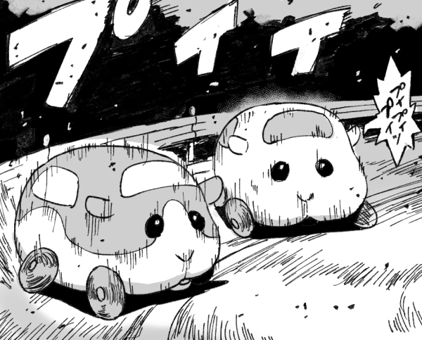 car greyscale ground_vehicle hamster initial_d kebin molcar monochrome motor_vehicle no_humans parody pui_pui_molcar speed_lines