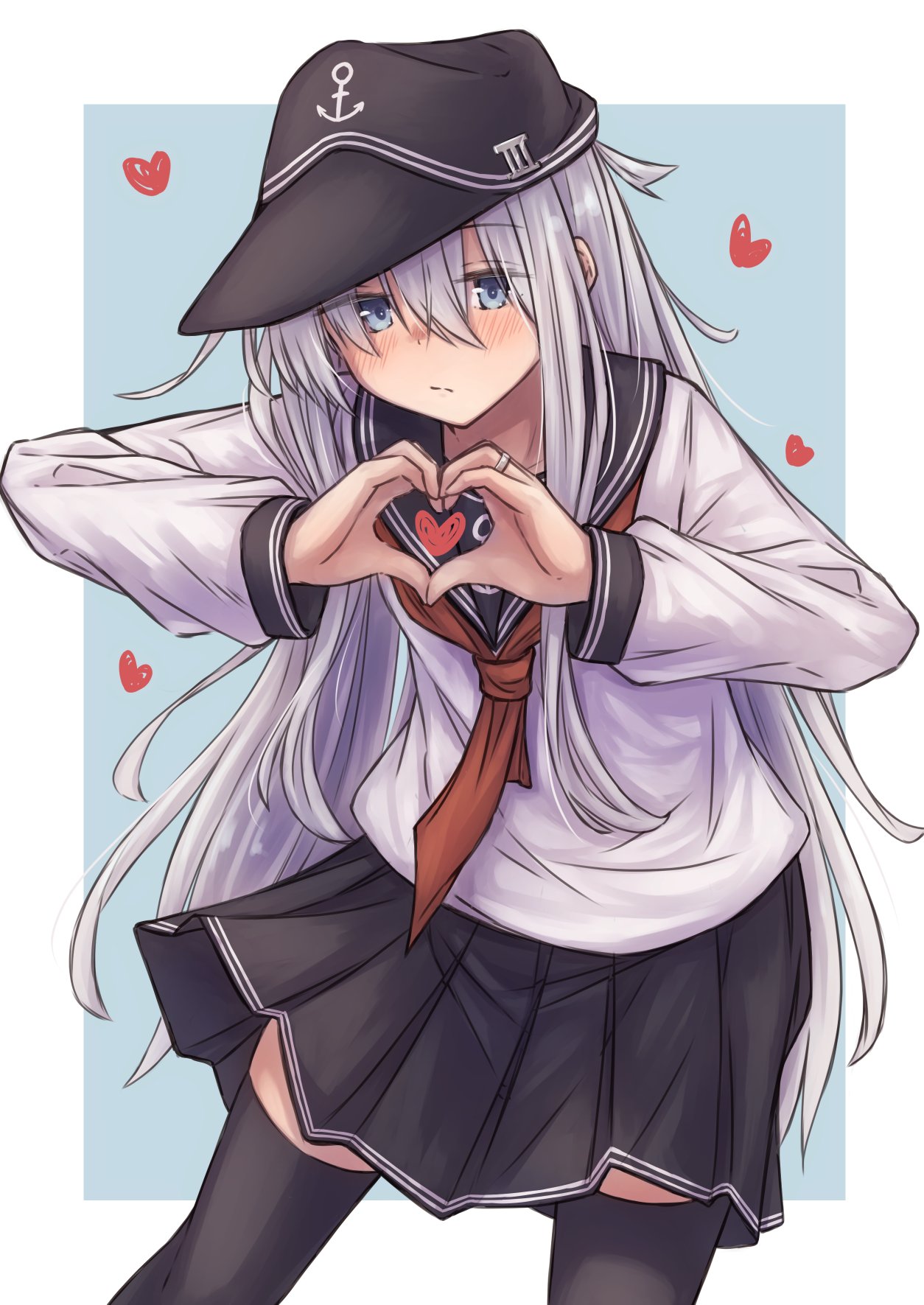 1girl anchor_symbol bangs black_headwear black_legwear black_sailor_collar black_skirt blue_eyes eyebrows_visible_through_hair flat_cap hair_between_eyes hat heart heart_hands hibiki_(kantai_collection) highres kantai_collection kuuru_(kuuru-n) long_hair long_sleeves looking_at_viewer neckerchief pleated_skirt red_neckwear sailor_collar school_uniform serafuku skirt solo thigh-highs white_hair