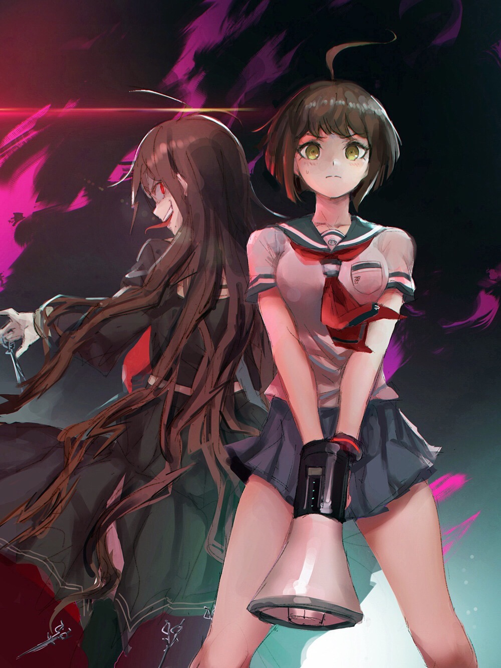 2girls ahoge artist_name blue_skirt brown_hair commentary dangan_ronpa_(series) dangan_ronpa_another_episode:_ultra_despair_girls dark_sky genocider_shou green_eyes highres long_hair looking_at_viewer megaphone miniskirt multiple_girls naegi_komaru outdoors photoshop_(medium) pleated_skirt qosic school_uniform scissors serafuku short_hair skirt standing