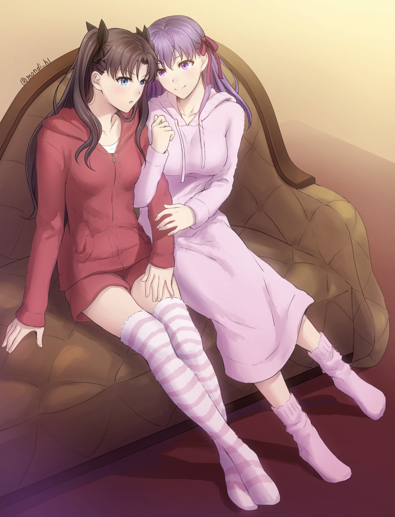 2girls alternate_costume arm_around_shoulder artist_name bangs black_ribbon blue_eyes breasts closed_mouth collarbone commentary_request couch fate/stay_night fate_(series) full_body hair_ribbon highres hood hoodie large_breasts leaning_on_person long_hair long_sleeves looking_at_another matou_sakura medium_breasts mondi_hl multiple_girls no_shoes pink_ribbon purple_hair red_shorts ribbon shorts siblings sitting smile striped striped_legwear sweater thigh-highs tohsaka_rin two_side_up violet_eyes