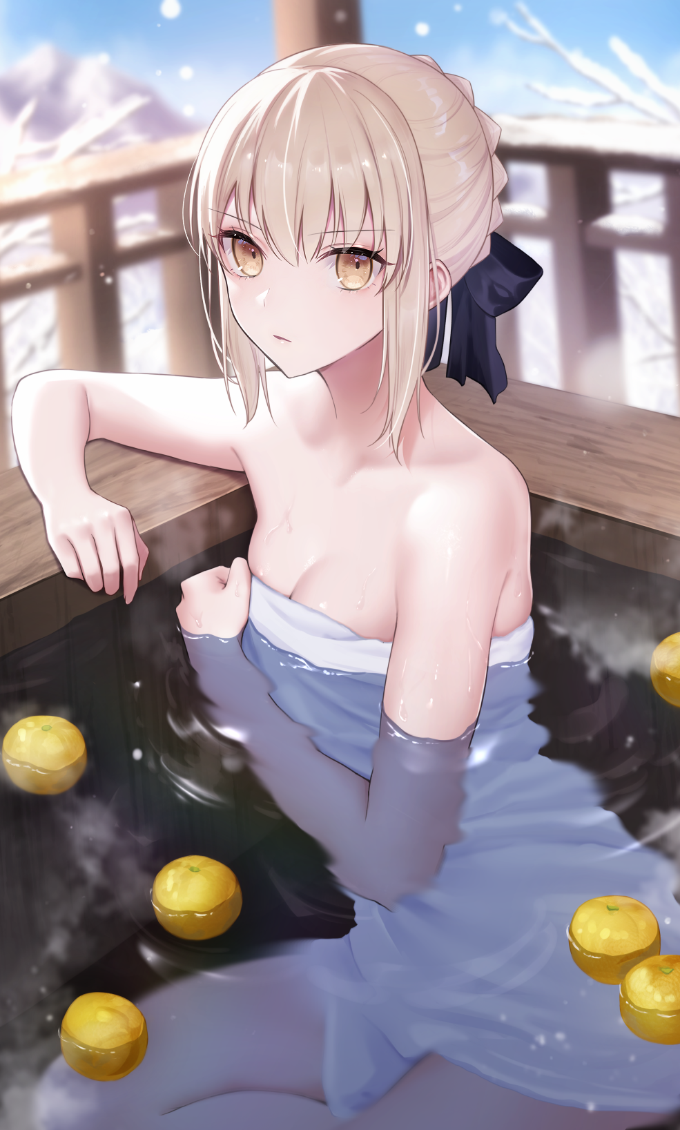 1girl artoria_pendragon_(all) bangs bare_shoulders bath bathing blonde_hair braid breasts collarbone fate/stay_night fate_(series) french_braid hair_ribbon highres long_hair looking_at_viewer meltymaple naked_towel onsen ribbon saber_alter small_breasts steam towel water wet white_towel yellow_eyes