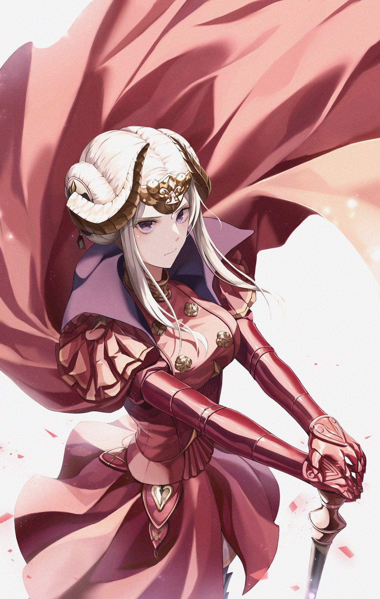 1girl armor axe breasts cape closed_mouth crown edelgard_von_hresvelg fire_emblem fire_emblem:_three_houses gloves hair_ornament highres horns jewelry long_hair long_sleeves looking_at_viewer red_cape s2i_sy7 simple_background solo weapon white_hair