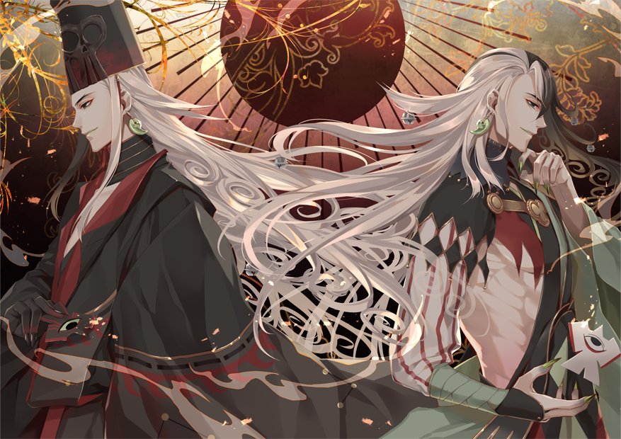 2boys absurdly_long_hair alternate_hairstyle ashiya_douman_(fate) asymmetrical_hair bell black_coat black_hair black_headwear coat dark_skin earrings exposed_muscle eyeshadow fate/grand_order fate_(series) finger_to_own_chin fingernails green_lipstick hair_bell hair_ornament hat heian japanese_clothes jewelry kuramubon_wa_shinda_yo lipstick long_hair magatama magatama_earrings makeup multicolored_hair multiple_boys official_alternate_costume onmyouji red_eyeshadow sharp_fingernails shikigami tate_eboshi traditional_clothes two-tone_hair very_long_hair white_hair