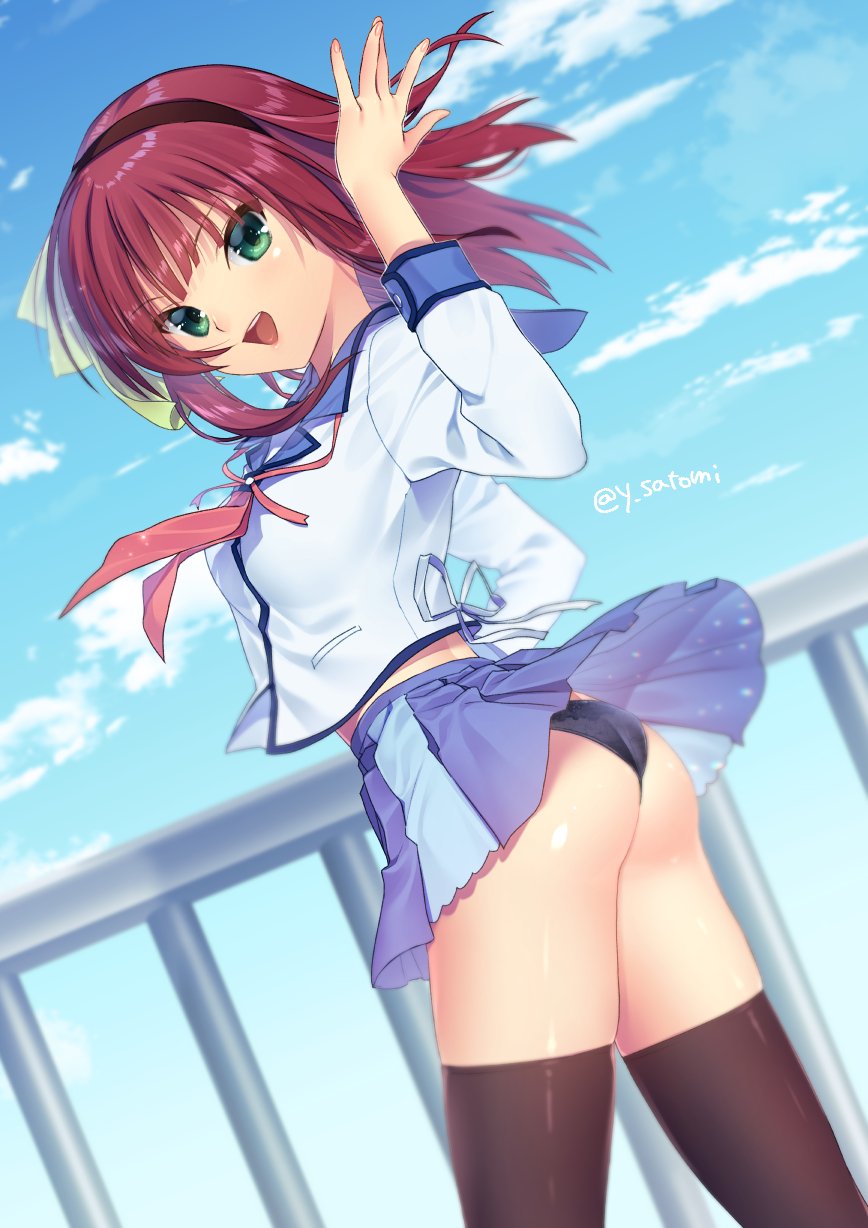 1girl angel_beats! black_legwear black_panties blue_sailor_collar blue_skirt blue_sky bow clouds cowboy_shot day dutch_angle green_eyes hair_bow hairband highres neckerchief outdoors panties pleated_skirt purple_hair railing red_neckwear sailor_collar satomi_yoshitaka school_uniform serafuku shinda_sekai_sensen_uniform short_hair skirt sky solo thigh-highs underwear yuri_(angel_beats!)