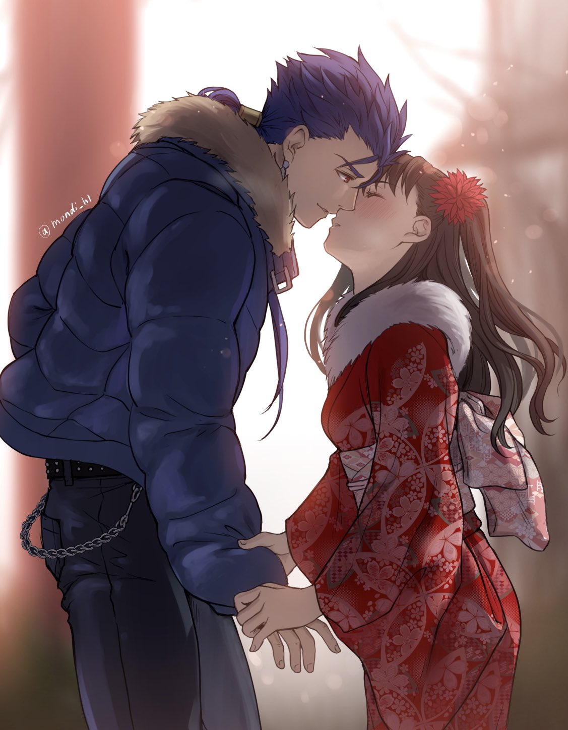 1boy 1girl bangs blue_hair brown_hair chain commentary_request couple cu_chulainn_(fate)_(all) earrings fate/stay_night fate_(series) floral_print flower hair_flower hair_ornament hetero highres holding_hands imminent_kiss japanese_clothes jewelry kimono lancer long_hair mondi_hl pants ponytail red_eyes red_flower tohsaka_rin twitter_username