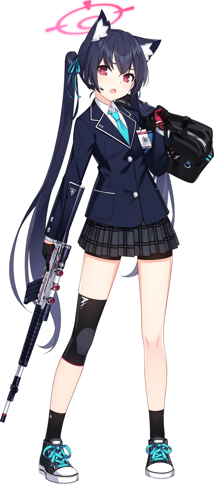 1girl animal_ears assault_rifle asymmetrical_legwear bag black_hair blue_archive cat_ears earpiece full_body gloves gun halo highres hwansang id_card knee_brace long_hair necktie official_art red_eyes rifle school_bag school_uniform scope serika_(blue_archive) shoes sneakers socks solo transparent_background very_long_hair weapon