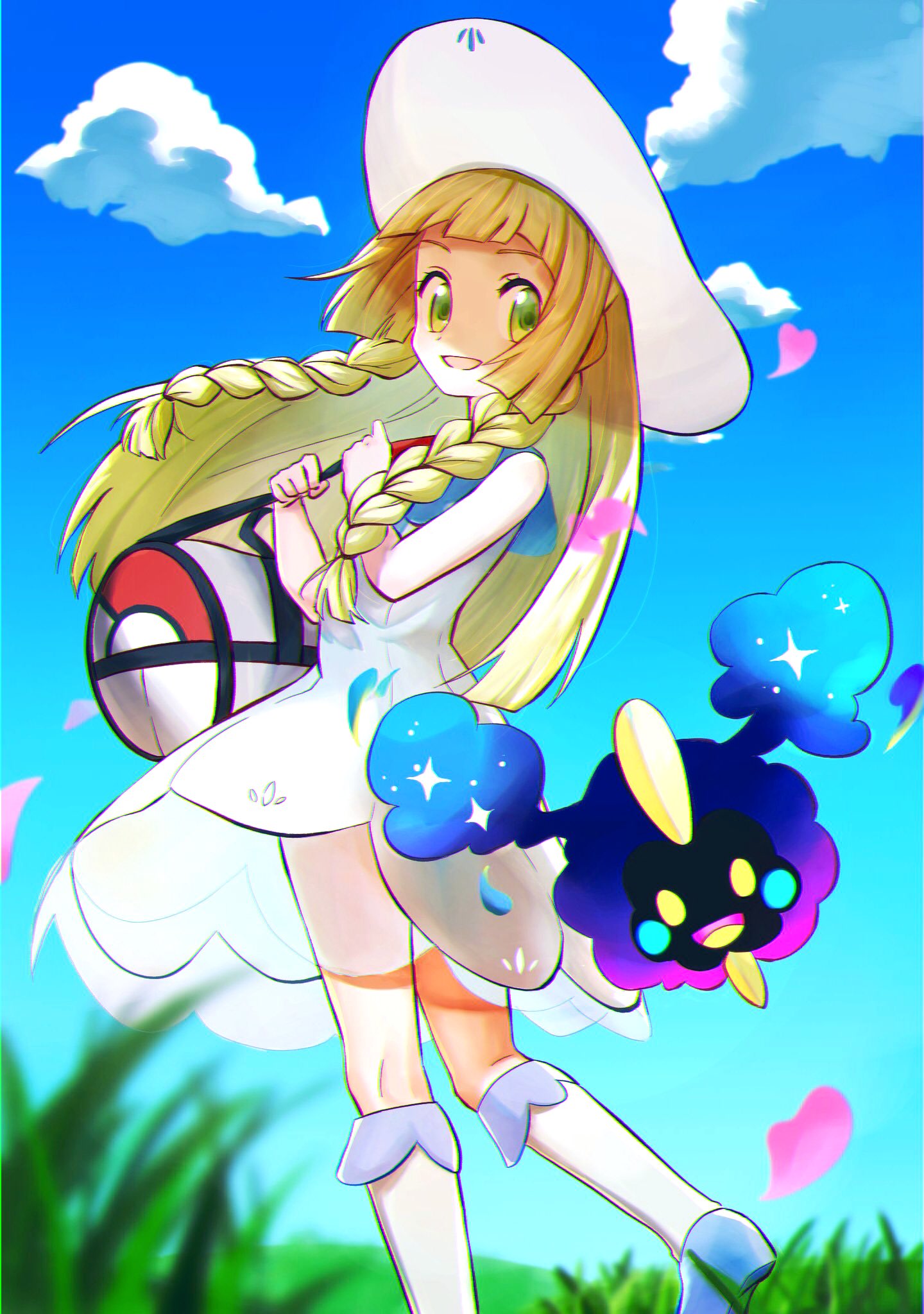 1girl bag blonde_hair braid clouds commentary_request cosmog day dress duffel_bag eyelashes from_below gen_7_pokemon grass green_eyes hat heart highres holding_strap kneepits legendary_pokemon lillie_(pokemon) long_hair open_mouth outdoors poke_ball_print pokemon pokemon_(creature) pokemon_(game) pokemon_sm shoes sky sleeveless sleeveless_dress smile socks twin_braids watta02614129 white_dress white_headwear white_legwear