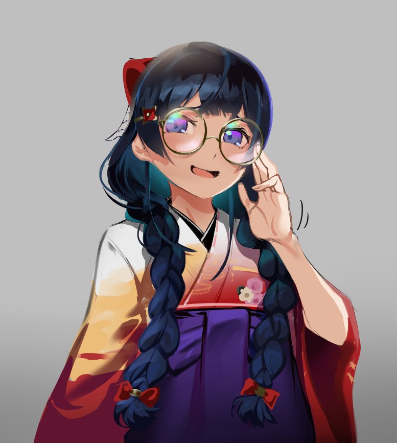 1girl adjusting_eyewear alternate_hairstyle bespectacled black_hair bow braid glasses grey_background hair_bow hair_ornament hairclip japanese_clothes kimono long_hair looking_at_viewer mapyuhin_za_puremiyamu nijisanji official_alternate_costume parted_lips round_eyewear simple_background smile solo tsukino_mito twin_braids twintails violet_eyes virtual_youtuber wide_sleeves