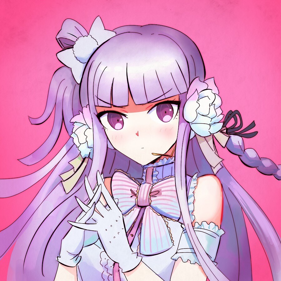 1girl alternate_costume alternate_hairstyle arm_cuffs bangs bare_shoulders black_ribbon blunt_bangs blush bow braid closed_mouth dangan_ronpa:_trigger_happy_havoc dangan_ronpa_(series) flower frills gloves gradient gradient_background hair_bow hair_flower hair_ornament hand_up kirigiri_kyouko long_hair looking_at_viewer pink_background purple_hair qosic ribbon solo striped striped_bow striped_neckwear upper_body violet_eyes white_flower white_gloves