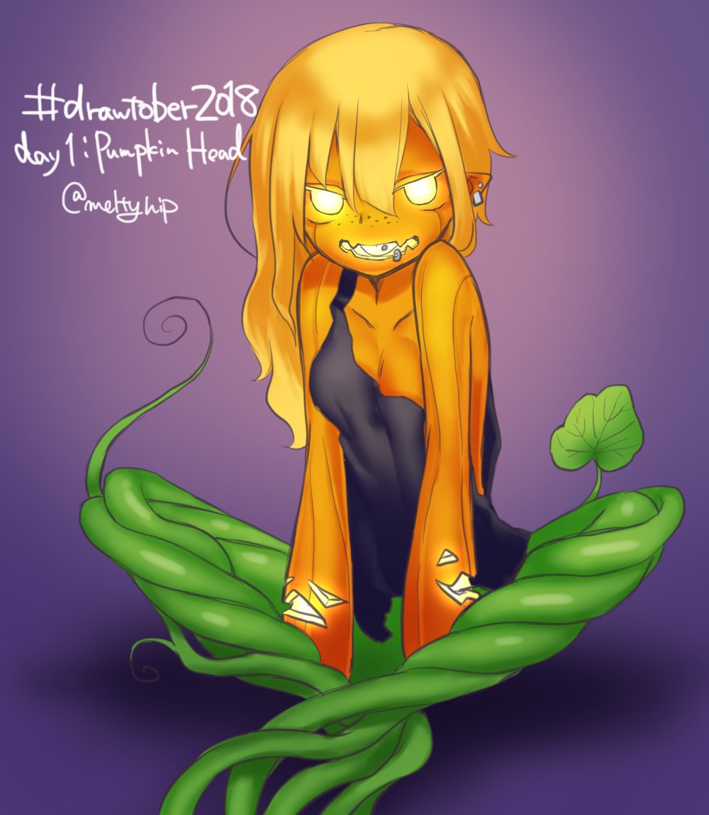 1girl :d akira_(meltyhip) between_legs black_shirt blonde_hair colored_skin commentary ear_clip earrings english_commentary freckles glowing glowing_eyes glowing_tongue halloween hand_between_legs indian_style jack-o'-lantern jewelry long_hair looking_at_viewer monster_girl open_mouth orange_skin original personification plant_girl pointy_ears pumpkin purple_background shirt sitting sleeveless sleeveless_shirt smile solo strap_slip twitter_username white_tongue yellow_eyes