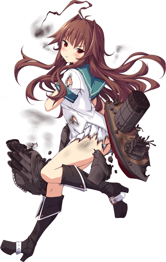 1girl ahoge aqua_sailor_collar boots brown_eyes brown_hair full_body huge_ahoge kantai_collection knee_boots kuma_(kantai_collection) long_hair machinery neckerchief official_art remodel_(kantai_collection) sailor_collar school_uniform serafuku shirt short_sleeves shorts solo torn_clothes torpedo torpedo_launcher torpedo_tubes transparent_background turret ugume yellow_eyes