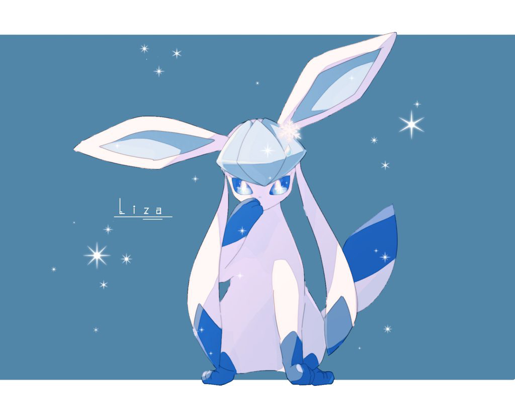 alternate_color animal_focus blue_background blue_sclera character_name colored_sclera commentary_request covering_mouth full_body gen_4_pokemon glaceon hand_up iogi_(iogi_k) jpeg_artifacts letterboxed no_humans pokemon pokemon_(creature) shiny_pokemon simple_background sitting snowflakes snowing solo white_eyes