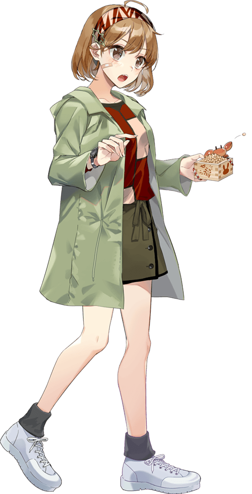 1girl 1other animal bandaid bandaid_on_face beans blush brown_eyes coat crab drew_(drew213g) full_body green_coat green_skirt kantai_collection light_brown_hair long_sleeves masu oboro_(kantai_collection) official_art open_clothes open_coat pet shoes short_hair skirt sneakers transparent_background white_footwear