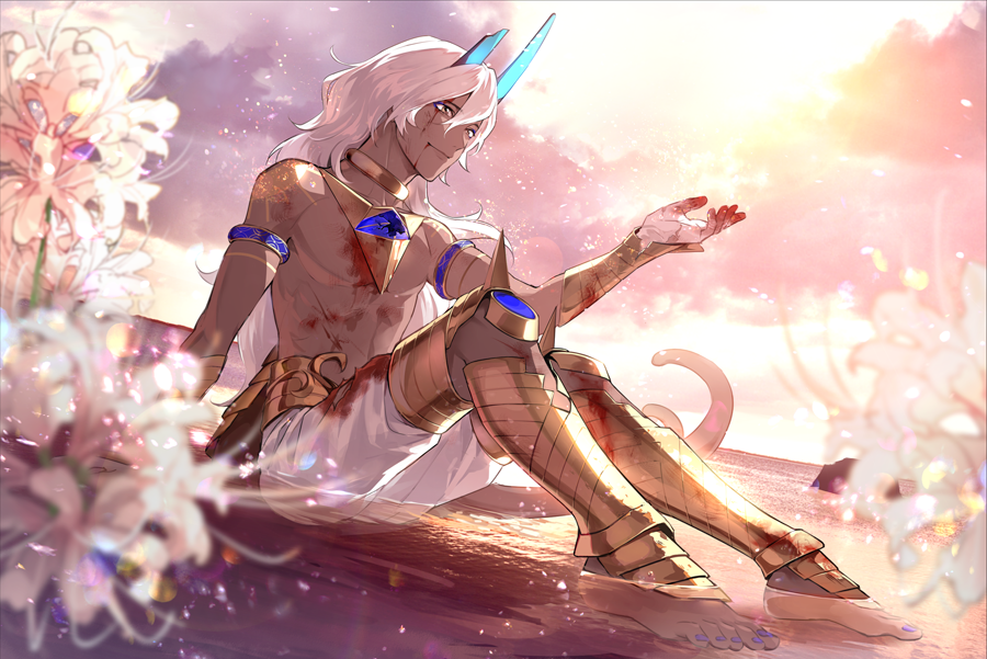1boy arjuna_alter bangs blood fate/grand_order fate_(series) flower gloves horns long_hair male_focus mj_(11220318) muscular outstretched_hand sitting smile tail water white_hair
