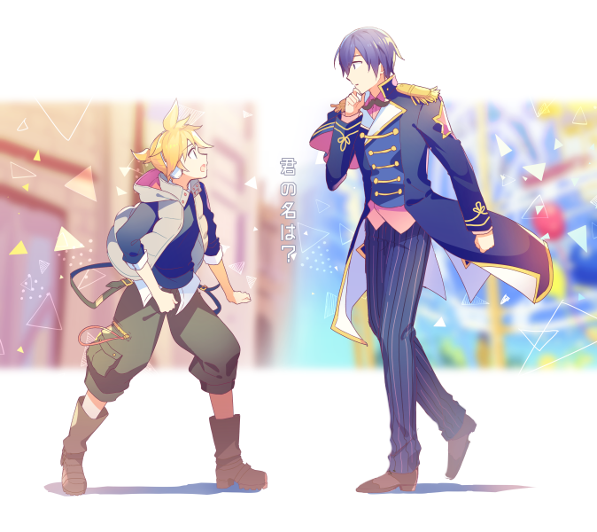 2boys band_uniform belt blonde_hair blue_eyes blue_hair blue_jacket blue_pants blue_shirt blurry blurry_background boots commentary epaulettes green_pants hand_on_own_chin headphones jacket kagamine_len kaito looking_at_another male_focus multiple_boys pants project_sekai shirt short_ponytail sinaooo spiky_hair translated uniform vest vocaloid walking