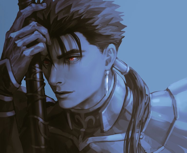 1boy armor beads close-up closed_mouth cu_chulainn_(fate)_(all) earrings fate/stay_night fate_(series) gae_bolg grin hair_beads hair_ornament holding holding_polearm holding_weapon jewelry kim_yura_(goddess_mechanic) lancer long_hair male_focus pauldrons polearm ponytail red_eyes shoulder_armor simple_background slit_pupils smile solo spiky_hair type-moon weapon