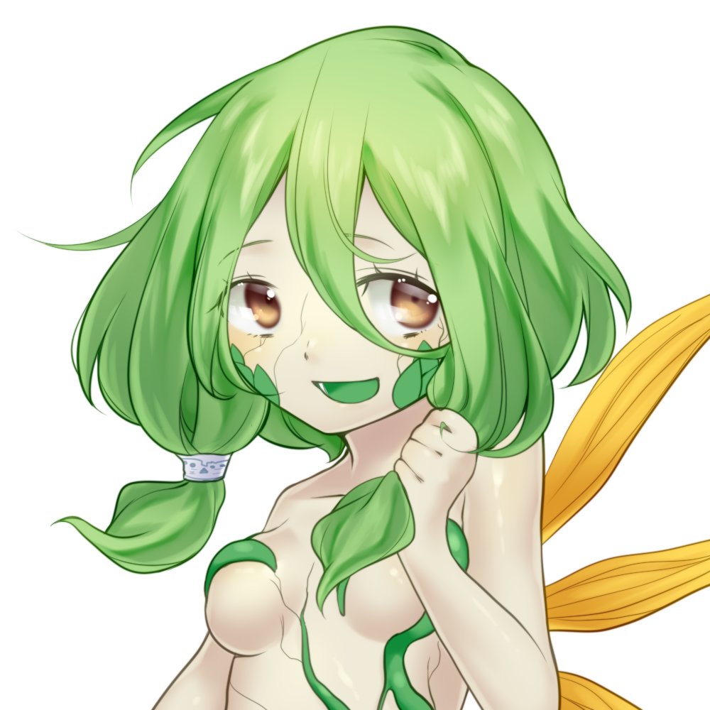 1girl :d akira_(meltyhip) breasts brown_eyes cracked_skin green_tongue hair_grab hand_up looking_at_viewer low_twintails medium_breasts medium_hair monster_girl open_mouth original plant_girl revealing_clothes simple_background smile solo twintails upper_body white_background