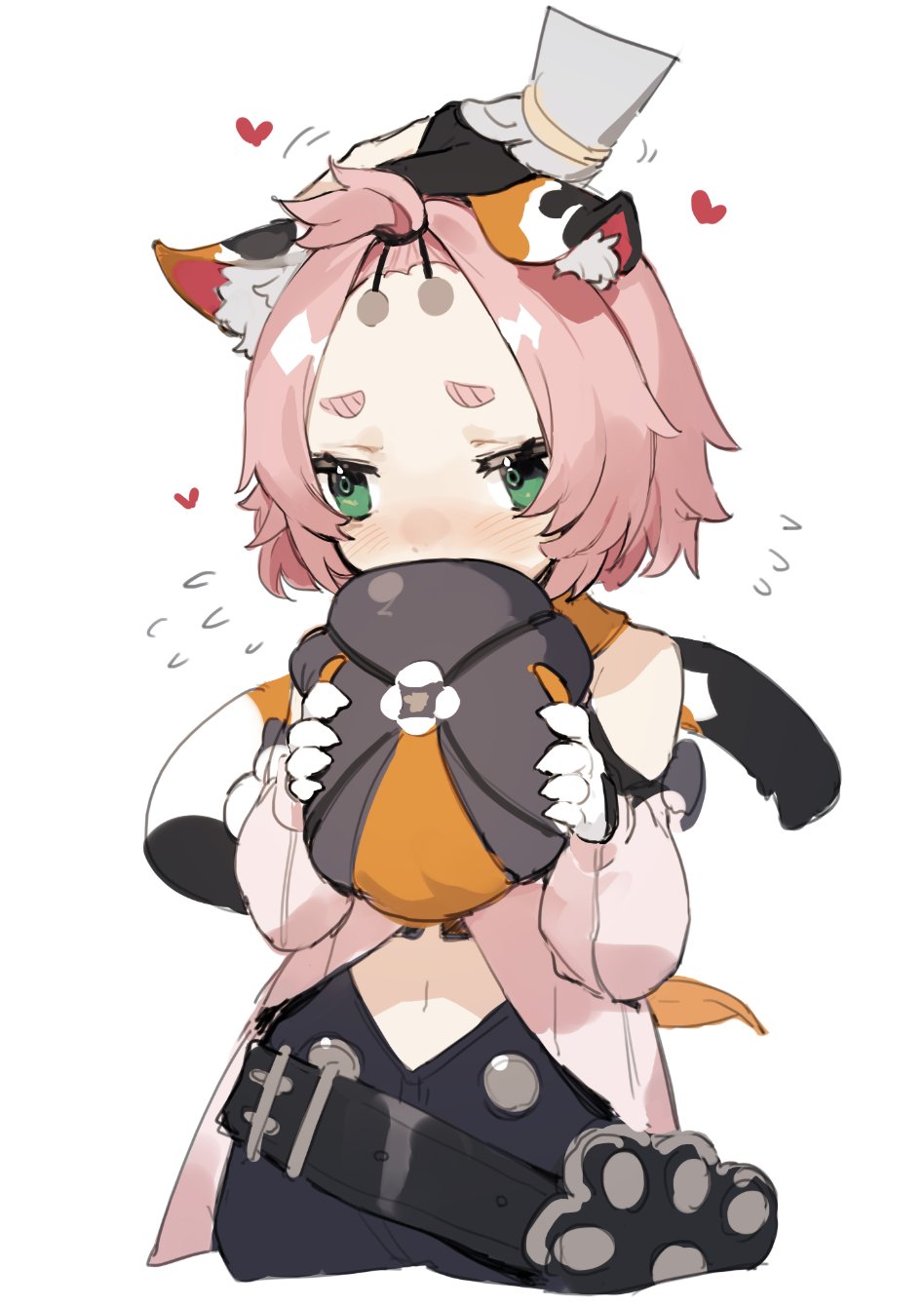 1girl animal_ear_fluff animal_ears bag bangs_pinned_back bare_shoulders blush cat_ears cat_tail diona_(genshin_impact) flying_sweatdrops genshin_impact gloves green_eyes hat heart highres holding holding_clothes holding_hat long_sleeves navel petting pink_hair pink_shirt sh_(562835932) shirt shorts simple_background solo_focus tail white_background white_gloves