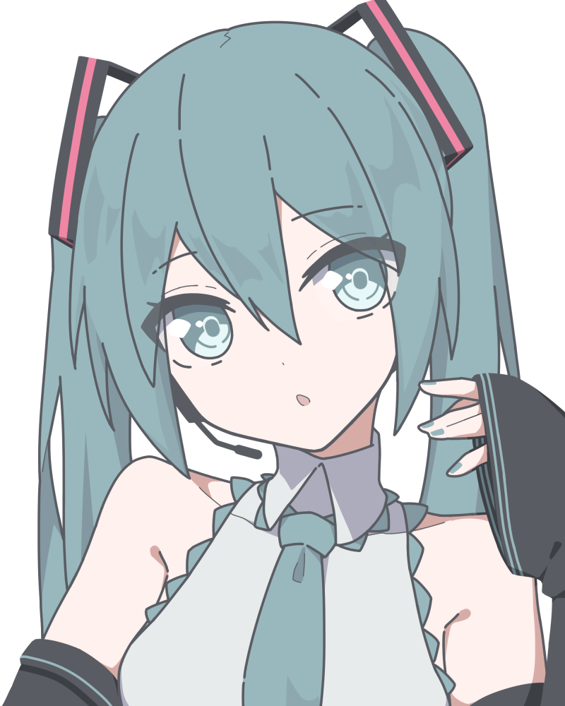 1girl aqua_eyes aqua_hair aqua_nails bangs bare_shoulders black_sleeves chestnut_mouth commentary detached_sleeves giryu hair_between_eyes hand_up hatsune_miku headphones headset long_hair looking_at_viewer nail_polish open_mouth portrait sleeves_past_wrists solo twintails vocaloid white_background
