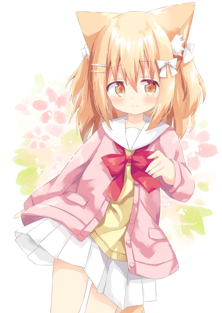 1girl animal_ear_fluff animal_ears bangs blonde_hair blush bow brown_eyes closed_mouth commentary_request eyebrows_visible_through_hair hair_between_eyes hair_bow highres jacket long_sleeves looking_at_viewer miike-chan nakkar open_clothes open_jacket original pink_jacket pleated_skirt red_bow sailor_collar school_uniform serafuku shirt skirt sleeves_past_wrists smile solo two_side_up white_bow white_sailor_collar white_skirt yellow_shirt