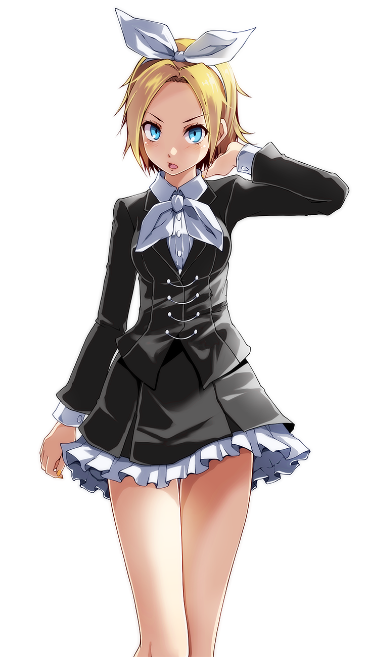 1girl arm_behind_head bangs black_jacket black_skirt blonde_hair blue_eyes bow commentary cowboy_shot forehead frilled_skirt frills hair_bow highres himitsu_keisatsu_(vocaloid) jacket kagamine_rin looking_at_viewer miniskirt neckerchief open_mouth parted_bangs shirt short_hair simple_background skirt solo tsukishiro_saika vocaloid white_background white_bow white_neckwear white_shirt