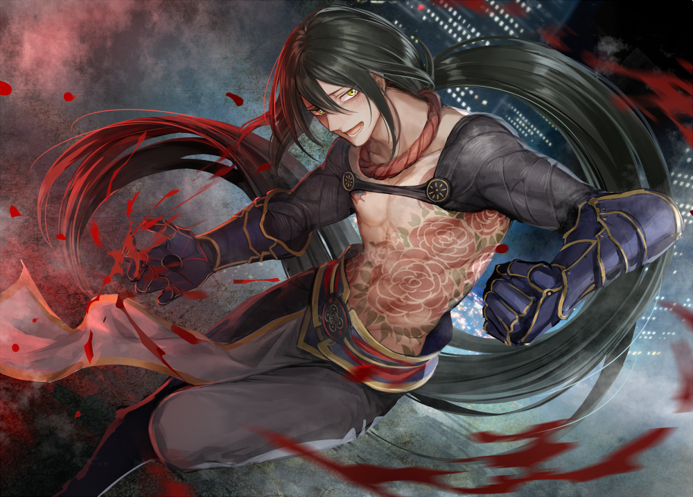 1boy bangs black_hair blood chinese_clothes city clenched_hand exposed_muscle fate/grand_order fate_(series) full_body gauntlets long_hair male_focus mj_(11220318) ponytail tattoo yan_qing_(fate/grand_order) yellow_eyes