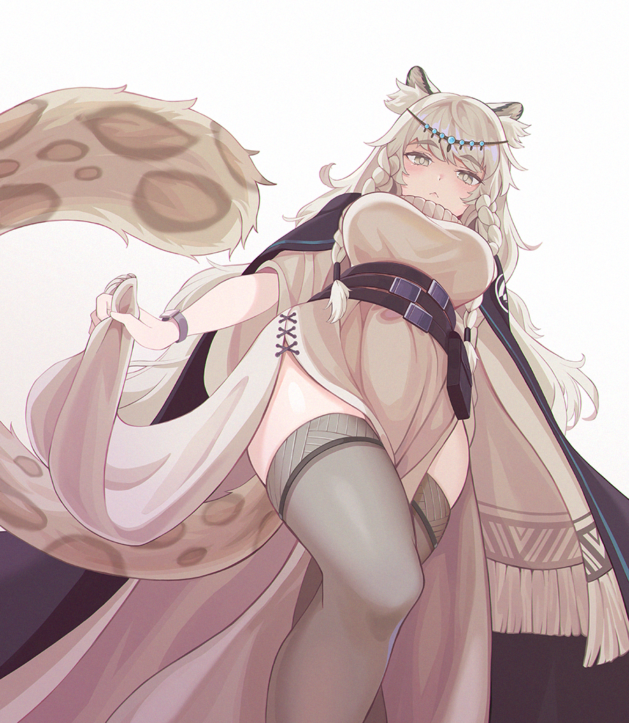 1girl 7eddy animal_ear_fluff animal_ears arknights breasts cape commentary_request eyebrows_visible_through_hair grey_eyes grey_legwear large_breasts leopard_ears leopard_girl leopard_tail long_hair long_tail looking_at_viewer looking_down pramanix_(arknights) simple_background solo tail thighs white_background white_hair