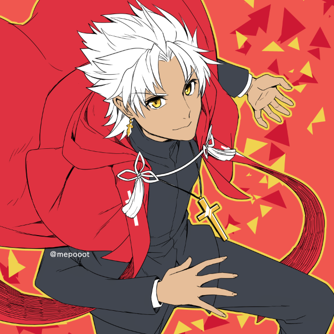 1boy amakusa_shirou_(fate) black_pants brown_eyes cape cross cross_necklace dark_skin dark_skinned_male fate/apocrypha fate/grand_order fate_(series) hood hooded_cape jewelry looking_at_viewer male_focus mepo_(raven0) necklace pants priest red_cape simple_background smile solo white_hair yellow_eyes