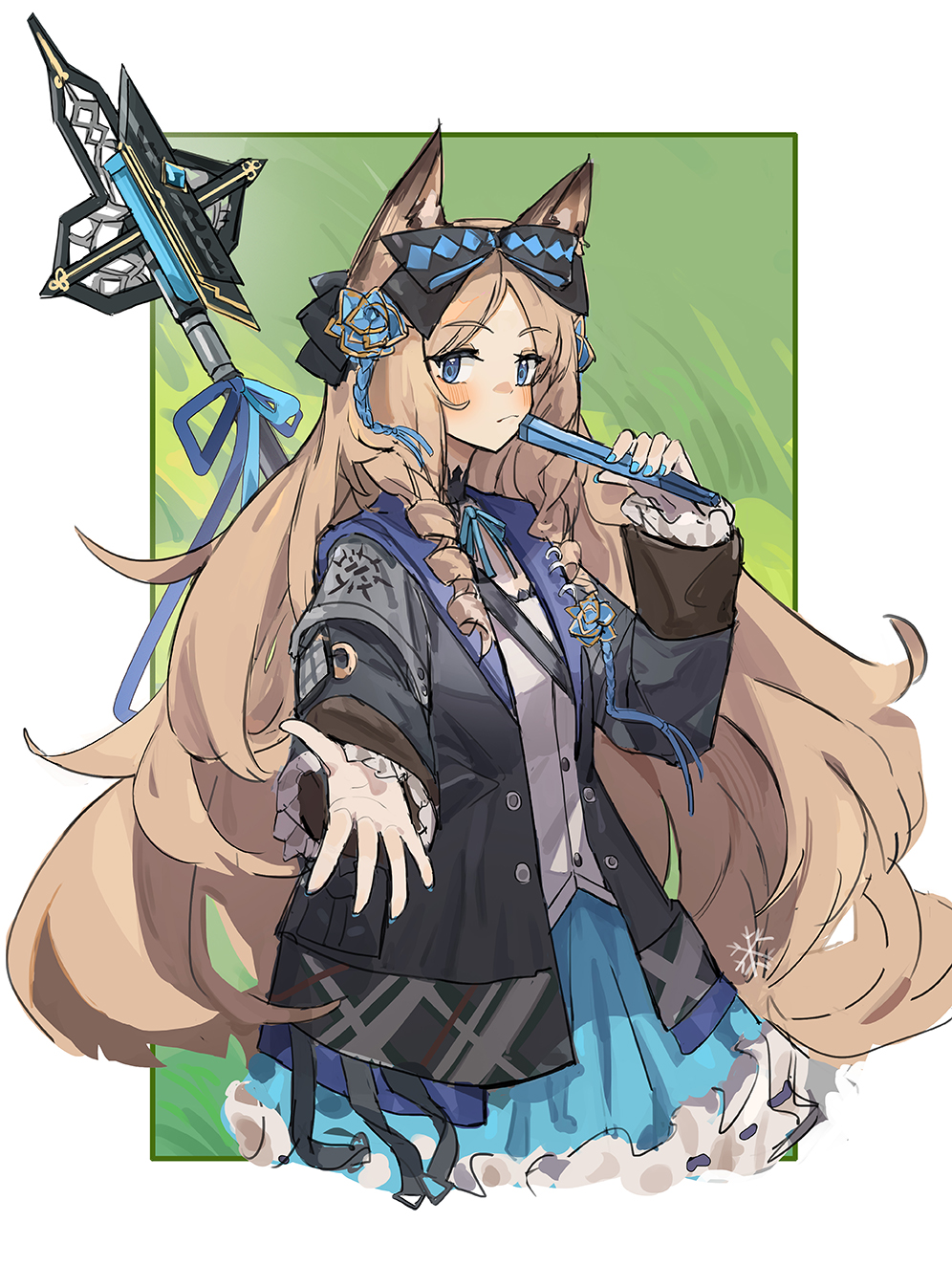 1girl animal_ears arknights bangs black_bow black_coat blue_eyes blue_nails blue_skirt blush bow breasts cat_ears closed_mouth coat commentary cowboy_shot drill_hair english_commentary eyebrows_visible_through_hair fan flower folding_fan frilled_skirt frills hair_bow hair_flower hair_ornament highres holding holding_fan iris_(arknights) light_brown_hair long_hair long_sleeves looking_at_viewer nail_polish outside_border outstretched_hand parted_bangs shirt side_drill skirt small_breasts solo staff twin_drills weapon weapon_on_back white_shirt yurooe