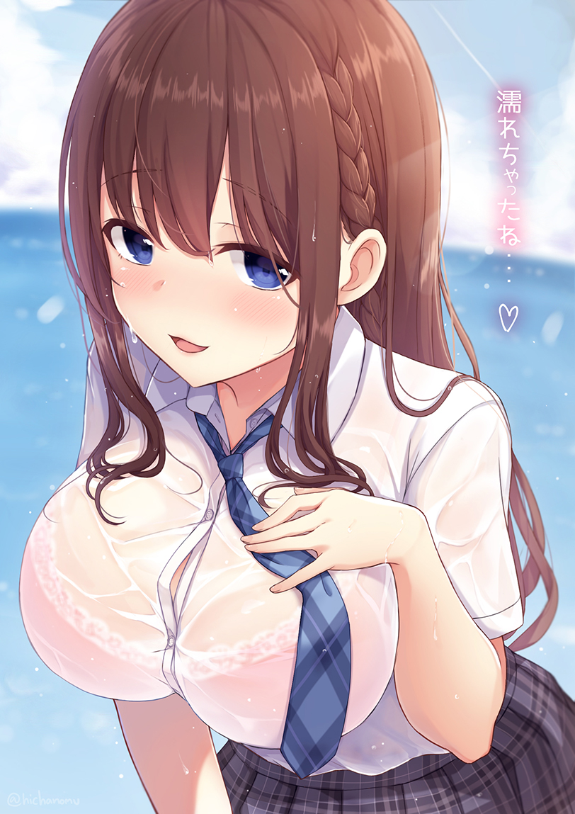 1girl bangs black_skirt blue_eyes blue_neckwear blush bra bra_through_clothes braid braided_bun breasts brown_hair collared_shirt commentary_request day dress_shirt eyebrows_visible_through_hair hand_on_own_chest heart heart-shaped_pupils hicha_nomu large_breasts long_hair looking_at_viewer necktie open_mouth original outdoors pink_bra plaid plaid_skirt pleated_skirt school_uniform see-through shirt shirt_tucked_in short_sleeves skirt solo straight-on symbol-shaped_pupils translation_request underwear wet wet_clothes wet_shirt