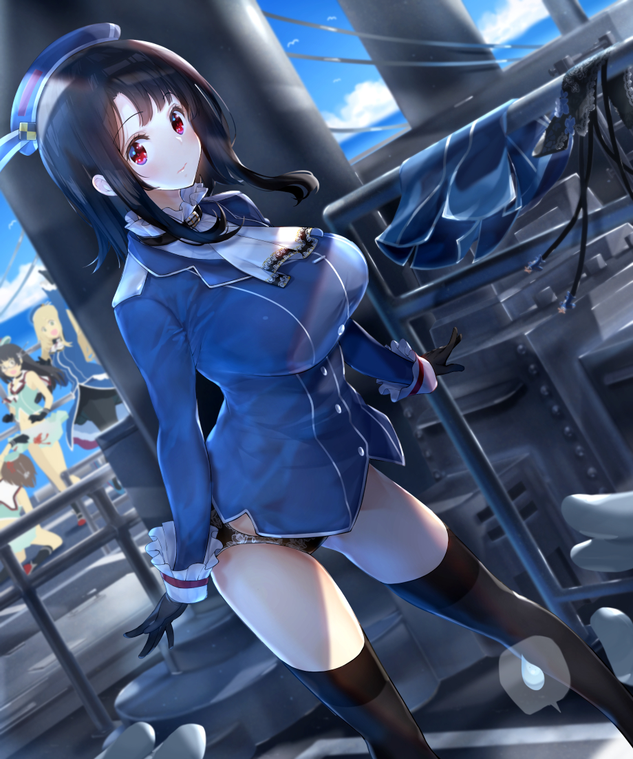 4girls admiral_(kantai_collection) amami_amayu ascot atago_(kantai_collection) beret black_gloves black_hair black_panties blonde_hair blue_eyes blue_headwear blue_jacket blush breasts brown_hair choukai_(kantai_collection) closed_mouth epaulettes garter_straps gloves hat jacket kantai_collection large_breasts long_hair long_sleeves looking_at_viewer maya_(kantai_collection) medium_hair mini_hat multiple_girls open_mouth panties pantyhose partially_undressed pleated_skirt pov pov_hands red_eyes remodel_(kantai_collection) rigging sidelocks skirt skirt_removed solo_focus sweatdrop takao_(kantai_collection) underwear waving white_gloves white_skirt