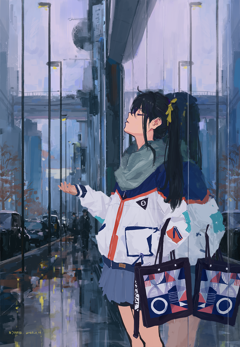 1girl bag bike_shorts black_hair blue_skirt bow city_lights cityscape closed_eyes commentary hair_bow hand_in_pocket jacket long_hair original parted_lips pleated_skirt rain reflection scarf shorts shorts_under_skirt sidelocks skirt solo tote_bag twintails xilmo yellow_bow